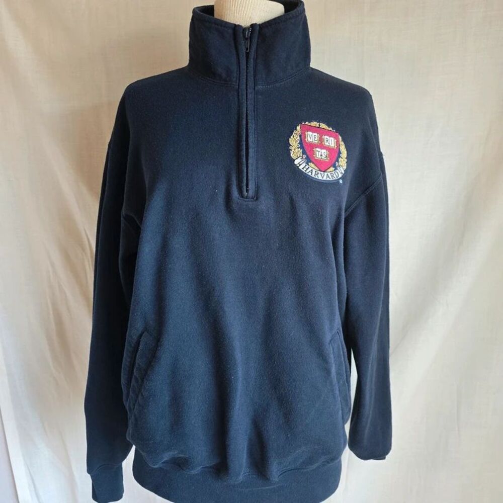 Champion Eco Fleece Harvard University Crest 1/4 Zip Sweatshirt Navy Blue M